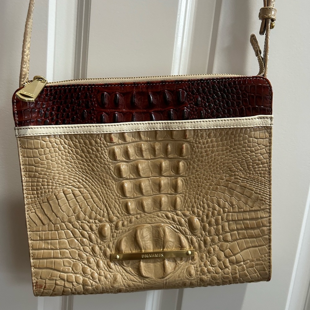 Brahmin Tan and Brown Croc-Embossed Crossbody Bag